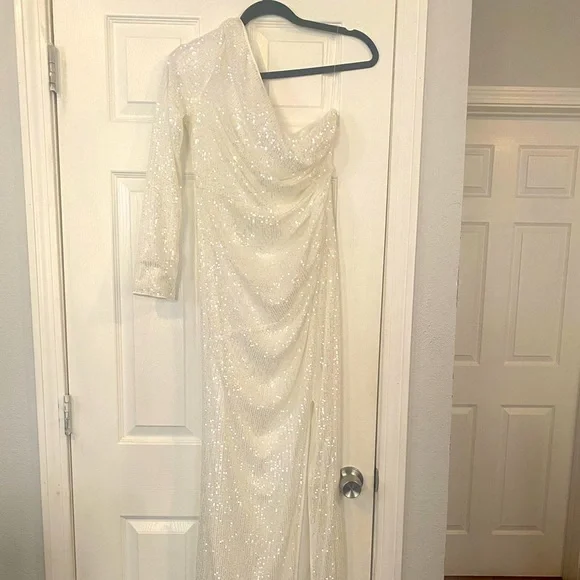 strapless open back dress Silver 3D prom dress in atlanta Georgia – THE BAKVRI SHOWROOM main image 1